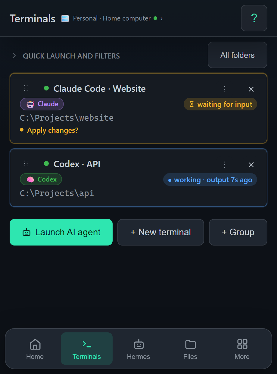 Agents in Remotai: Claude Code is waiting for a response, Codex is working; tasks can be opened from the phone