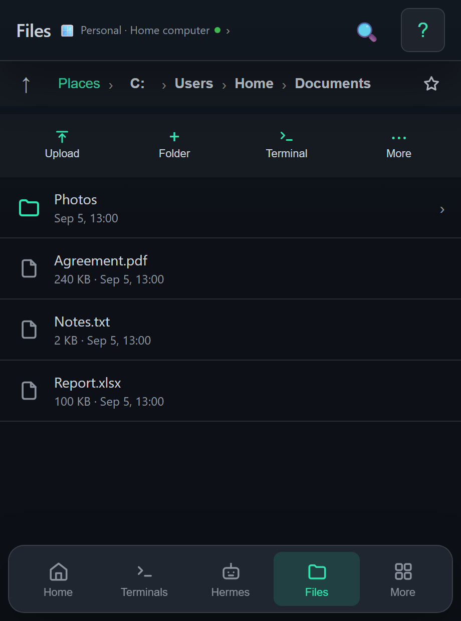 “Files” section in Remotai: “Documents” folder on your home computer, agreement and report